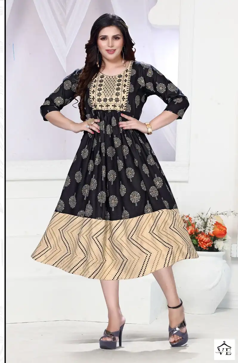 Vardan Ethnic Golden Miss Wow 2 Heavy Rayon 14 Kg Wholesale Long Kurtis Catalog — Wholesale Kurtis, MPA wholesale from Surat - Gallery Image 7