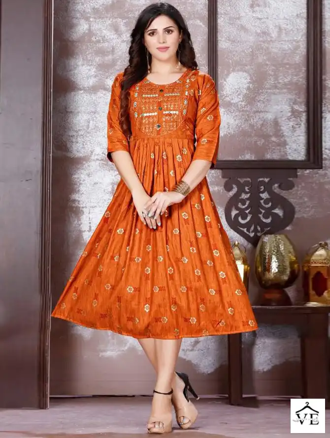 Vardan Ethnic Golden Instyle 14 Kg Bombay Rayon Wholesale Long Kurtis Catalog — Wholesale Kurtis, MPA wholesale from Surat — view 1