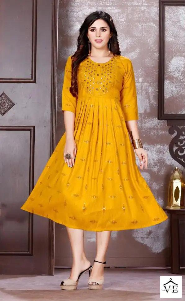 Vardan Ethnic Golden Instyle 14 Kg Bombay Rayon Wholesale Long Kurtis Catalog — Wholesale Kurtis, MPA wholesale from Surat - Gallery Image 2