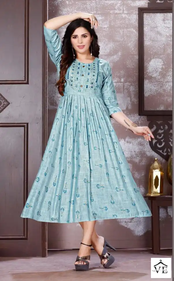 Vardan Ethnic Golden Instyle 14 Kg Bombay Rayon Wholesale Long Kurtis Catalog — Wholesale Kurtis, MPA wholesale from Surat - Gallery Image 4