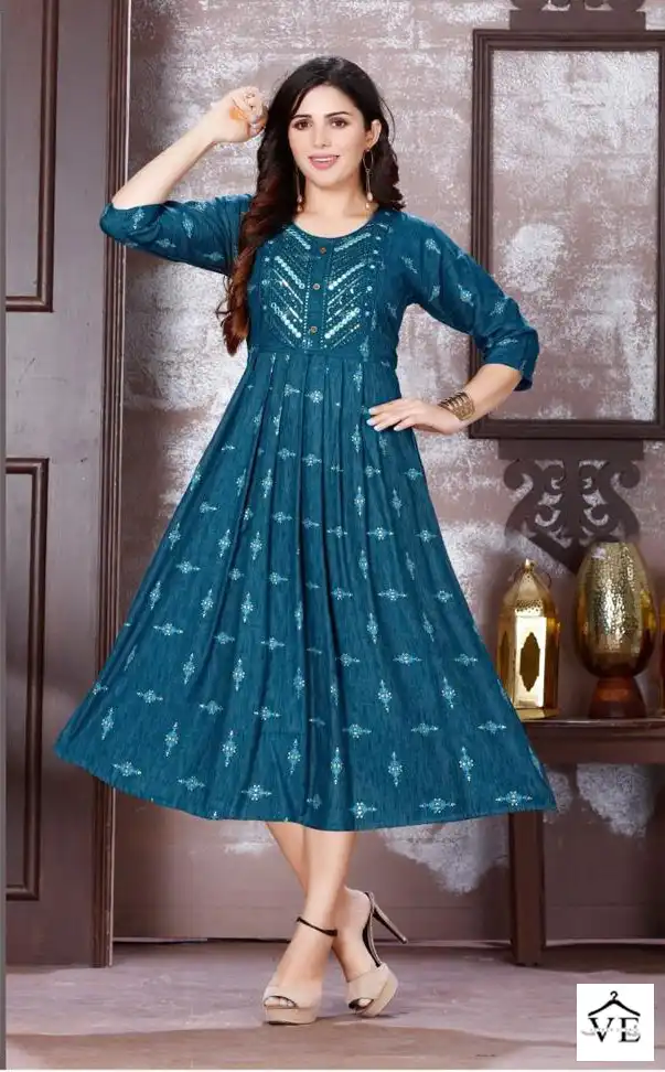 Vardan Ethnic Golden Instyle 14 Kg Bombay Rayon Wholesale Long Kurtis Catalog — Wholesale Kurtis, MPA wholesale from Surat - Gallery Image 7