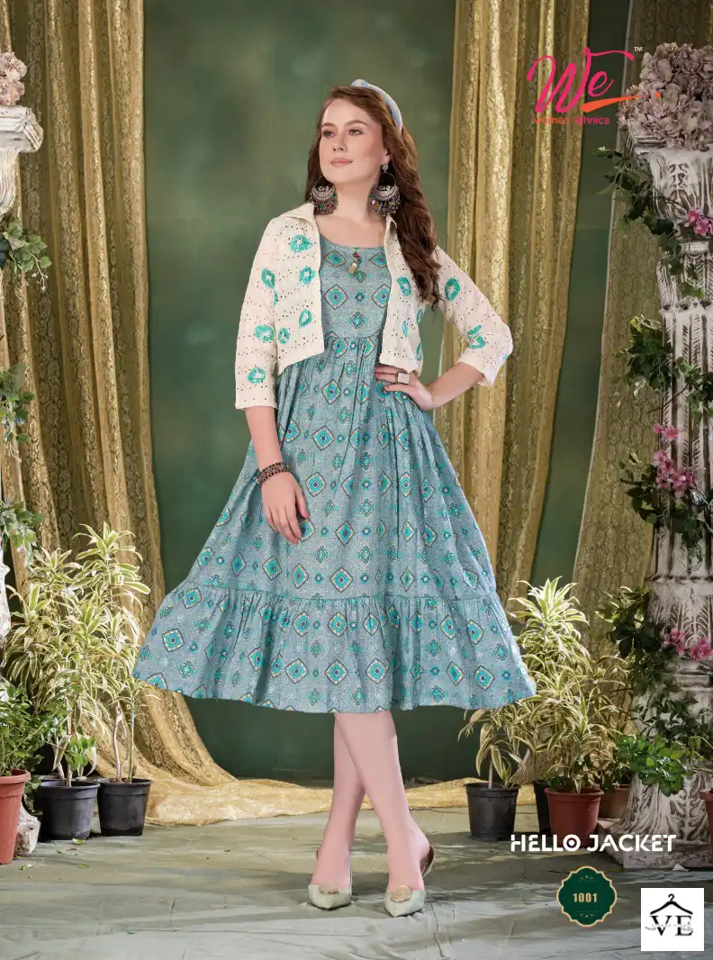 We Hello Jacket Pure Capsul Print Wholesale Long Kurti With Koti Catalog — Wholesale Kurtis, MPA wholesale from Surat - Gallery Image 8