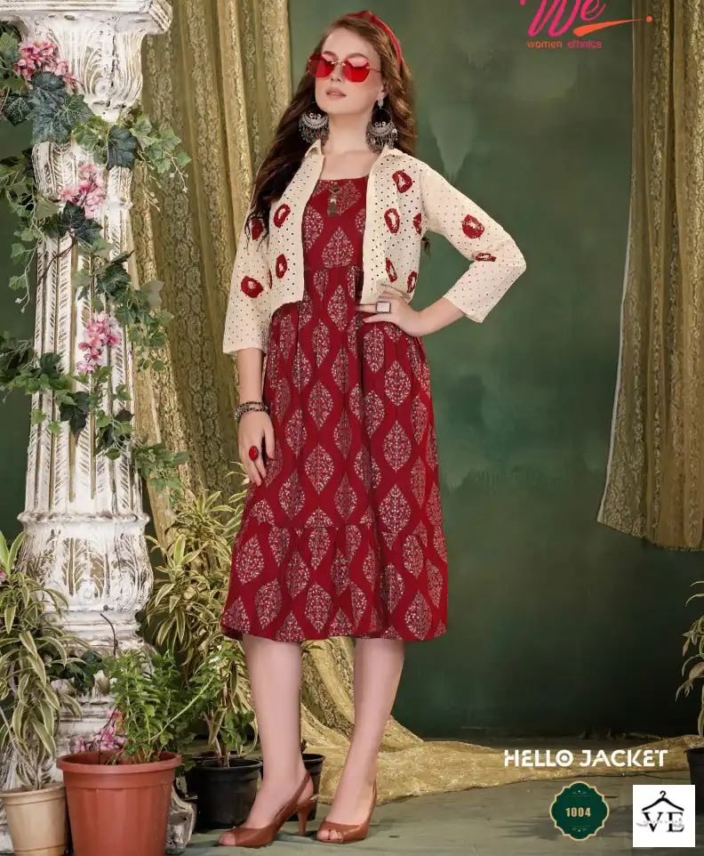 We Hello Jacket Pure Capsul Print Wholesale Long Kurti With Koti Catalog — Wholesale Kurtis, MPA wholesale from Surat — view 1