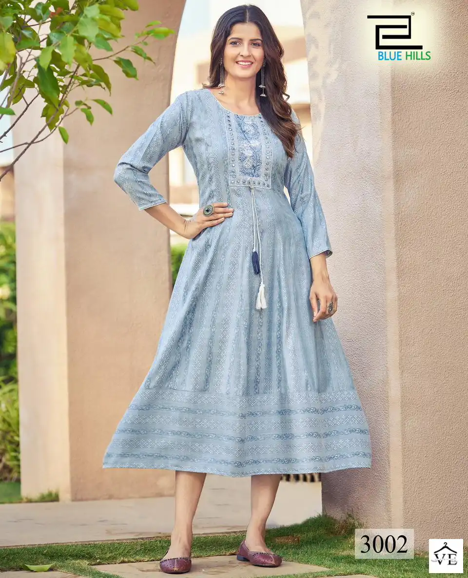 Blue Hills Milky Bar Vol 3 Rayon Jacquard Wholesale Long Anarkali Gown Catalog — Wholesale Kurtis, Blue Hills wholesale from Surat — view 1