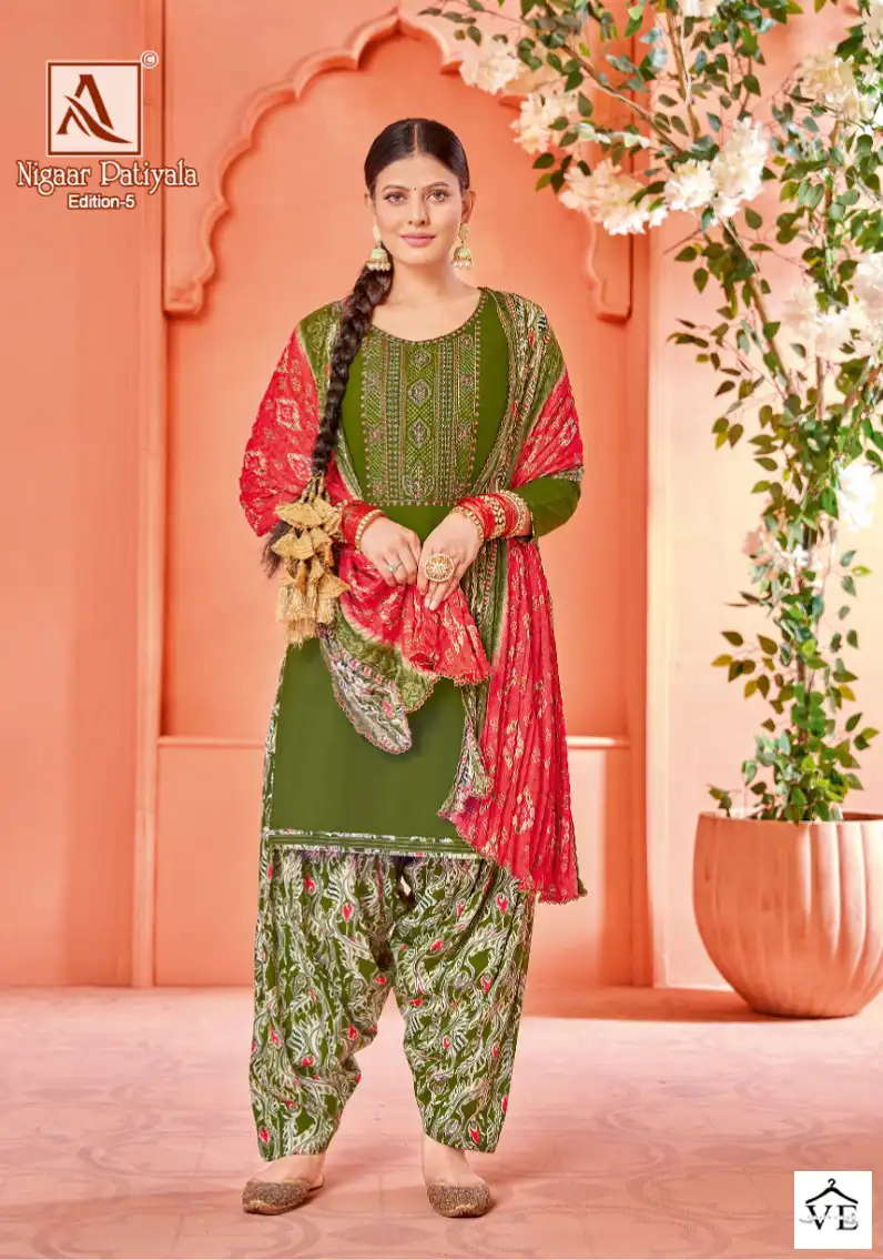 Alok Suits Nigaar Patiyala Edition Vol 5 Rayon Wholesale Designer Salwar Suit Catalog — Wholesale Salwar Suits, MPA wholesale from Surat - Gallery Image 8