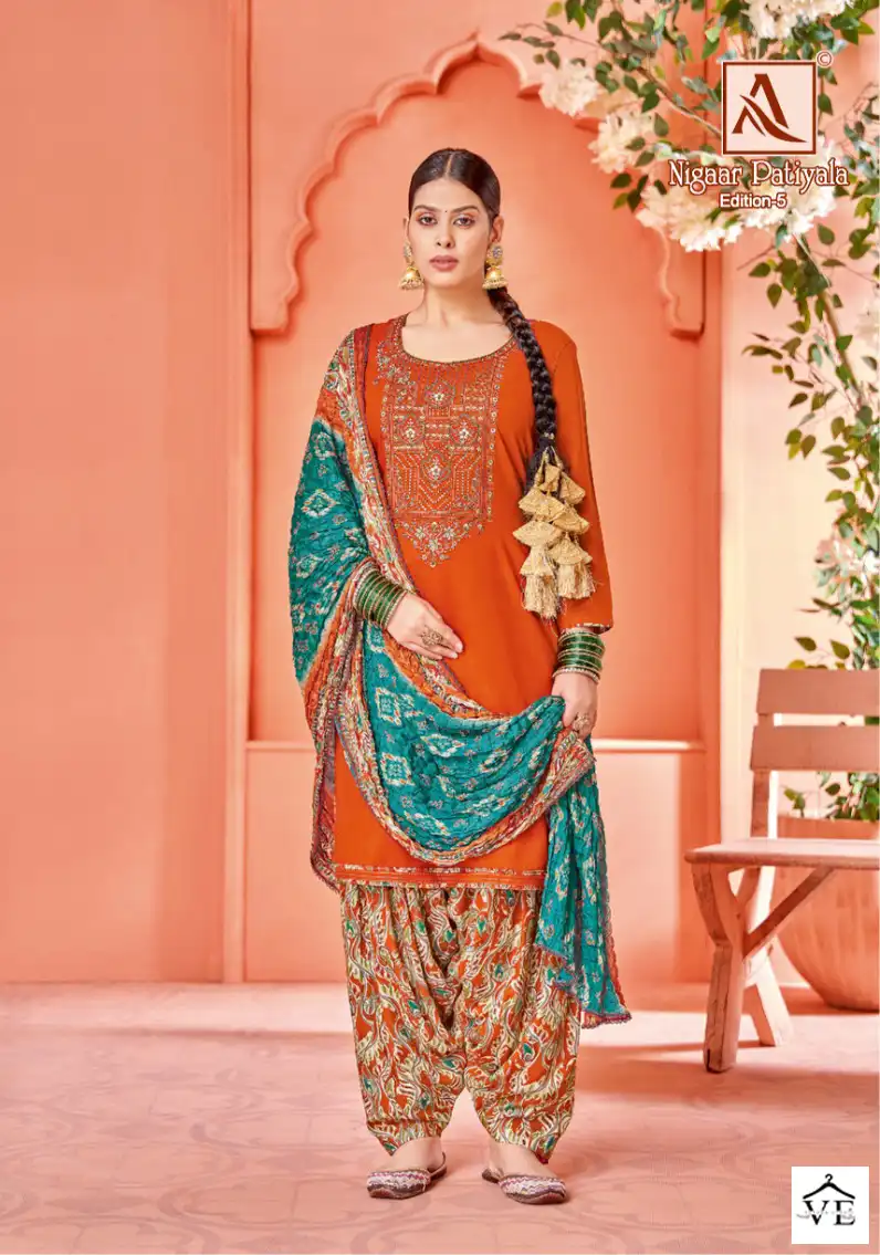 Alok Suits Nigaar Patiyala Edition Vol 5 Rayon Wholesale Designer Salwar Suit Catalog — Wholesale Salwar Suits, MPA wholesale from Surat - Gallery Image 3