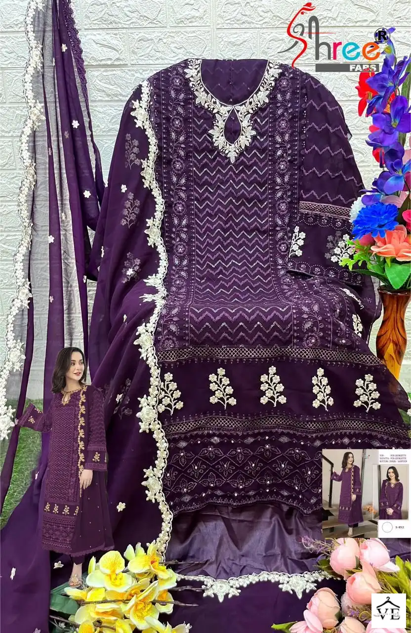 Shree Fabs S 852 Faux Georgette Wholesale Designer Pakistani Salwar Suit Catalog — Wholesale Salwar Suits, Shree Fabs wholesale from Surat - Gallery Image 4