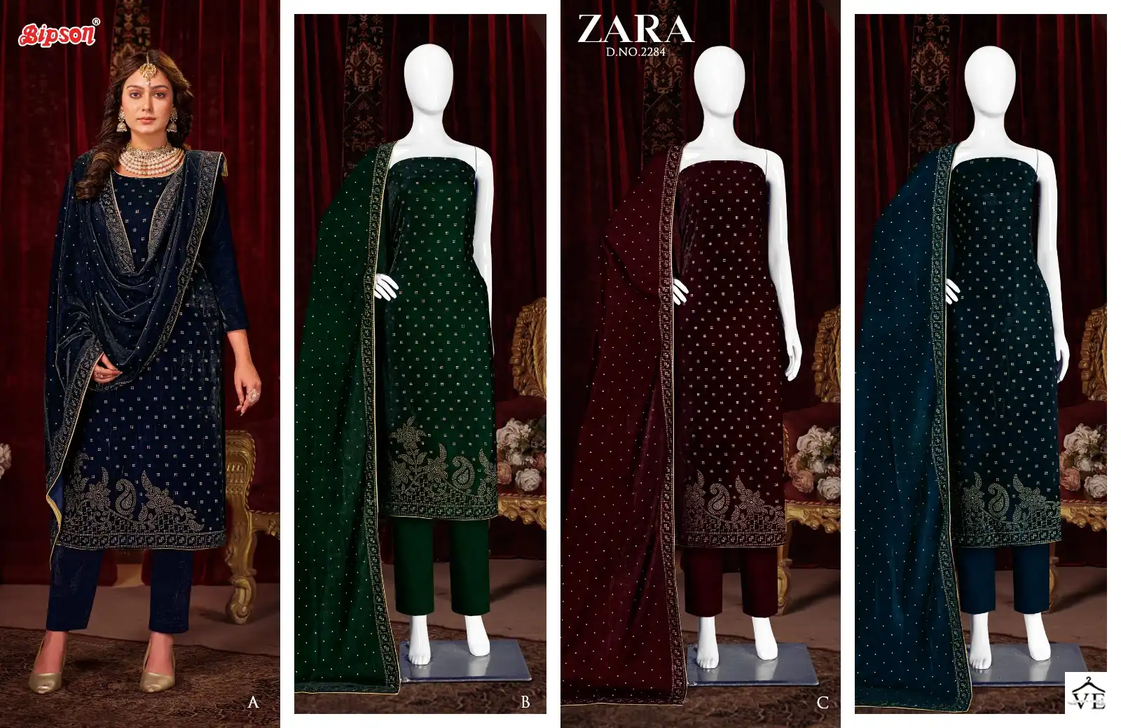 Bipson Swarovski 2284 Pure Viscose Velvet Wholesale Designer Winter Wear Salwar Suit Catalog — Wholesale Salwar Suits, MPA wholesale from Surat — view 5