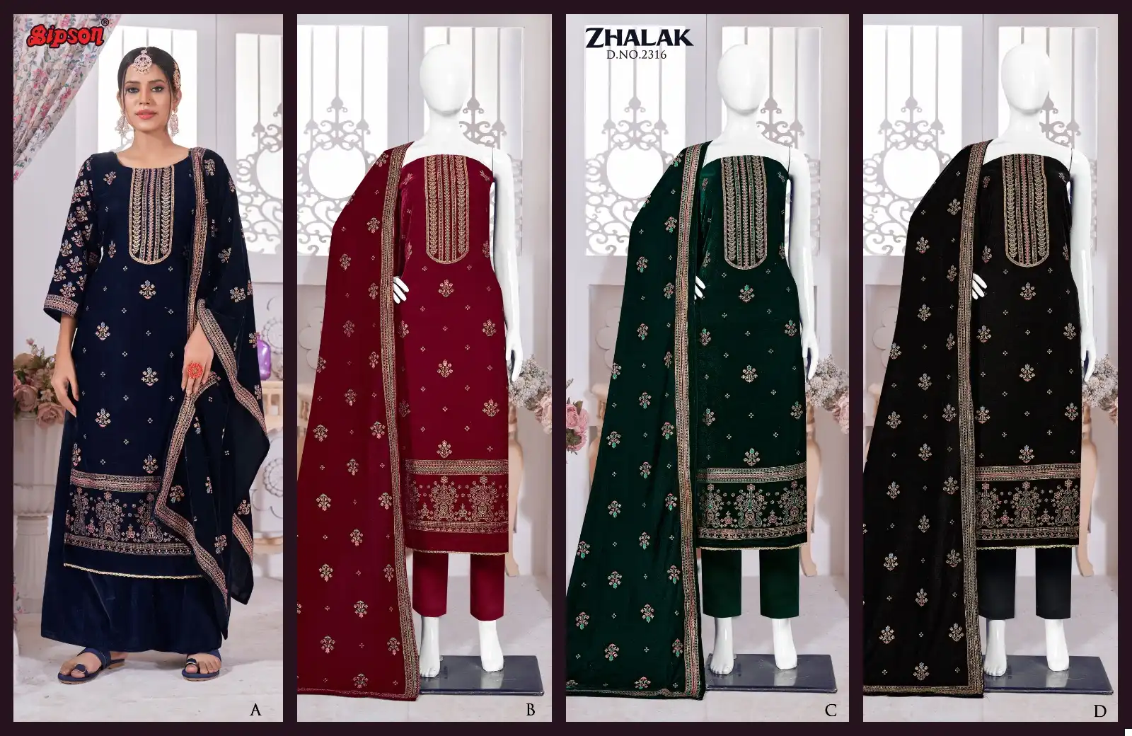 Bipson Zhalak 2316  Pure Viscos Velvet Wholesale Designer Winter Wear Salwar Suit Catalog — Wholesale Salwar Suits, MPA wholesale from Surat — view 5