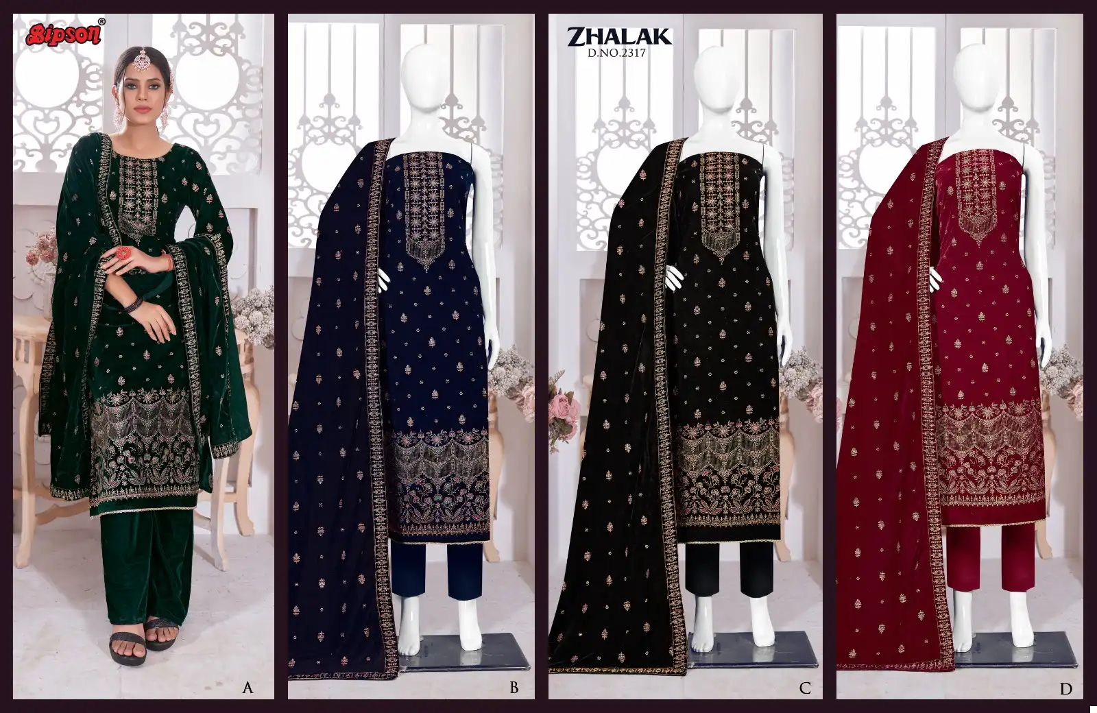 Bipson Zhalak 2317 Pure Viscos Velvet Wholesale Designer Winter Wear Salwar Suit Catalog — Wholesale Salwar Suits, MPA wholesale from Surat — view 5