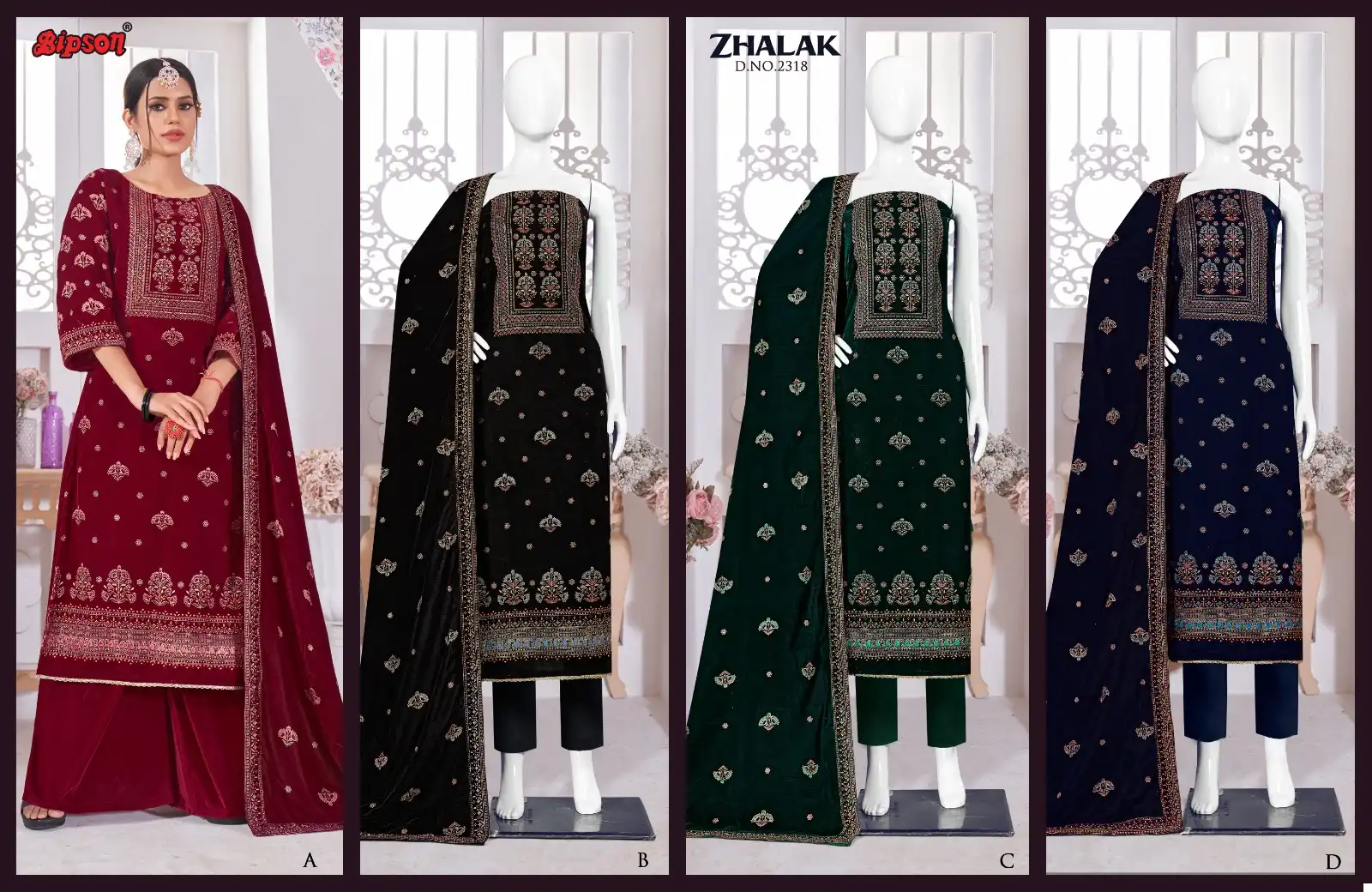 Bipson Zhalak 2318 Pure Viscos Velvet Wholesale Designer Winter Wear Salwar Suit Catalog — Wholesale Salwar Suits, MPA wholesale from Surat — view 5