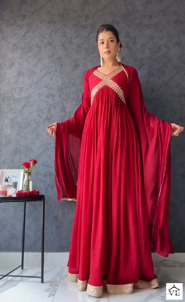 Hk 1572 Georgette Wholesale Designer Red Alia Cut Gown With Dupatta Combo — Wholesale Kurtis, MPA wholesale from Surat — view 2