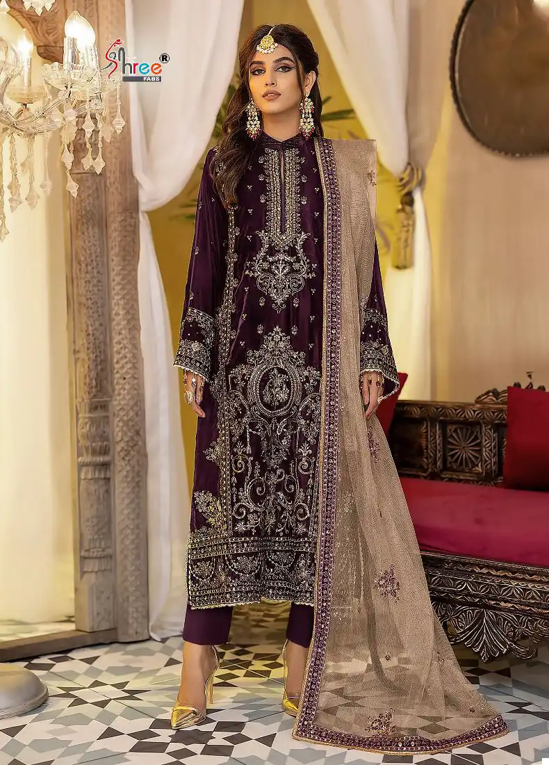 Shree Fabs Adan Libaas Velvet Collection 23 Velvet Wholesale Embroidered Winter Wear Pakistani Salwar Suit Catalog — Wholesale Salwar Suits, Shree Fabs wholesale from Surat - Gallery Image 4