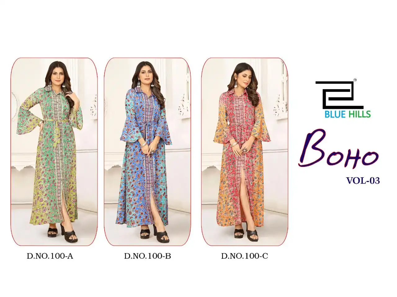 Blue Hills Boho Vol 3 Heavy French Crape Print Wholesale Long Gowns Catalog — Wholesale Kurtis, Blue Hills wholesale from Surat — view 4