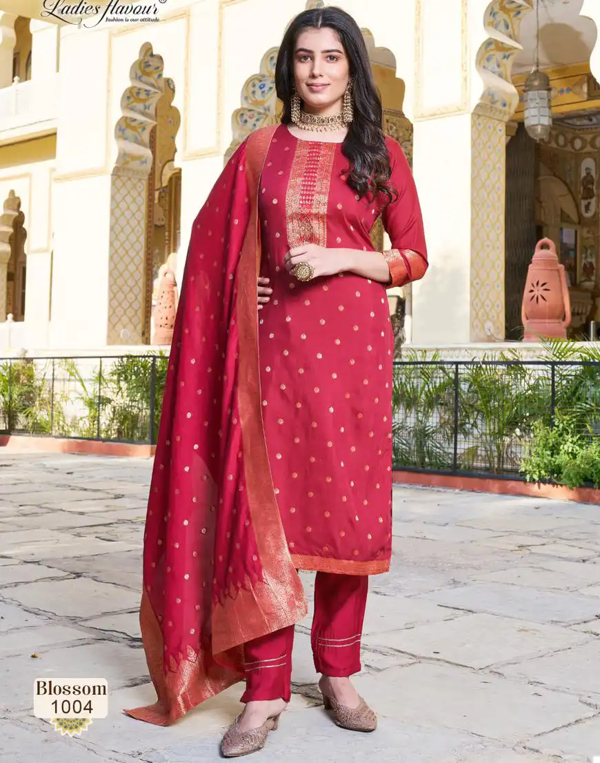 Ladies Flavour Blossom Chanderi Dola Jacquard Wholesale Readymade Suits Catalog