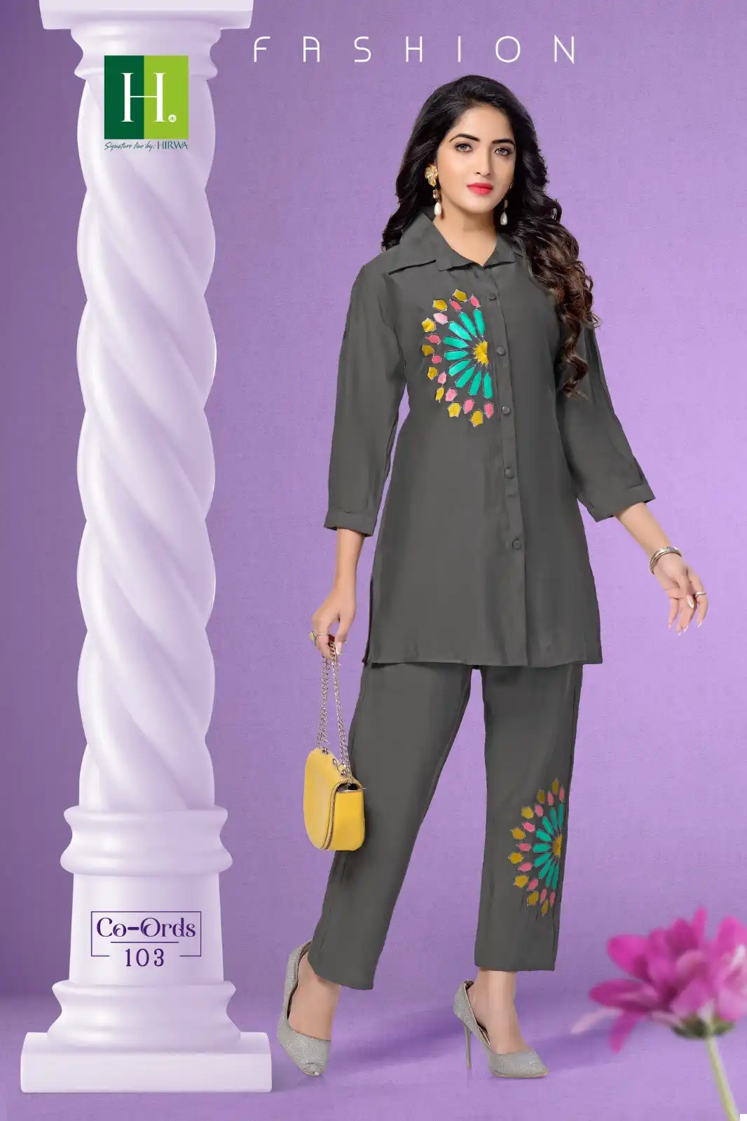 Hirwa Co-Ords Roman Silk Wholesale Fancy Embroidery Work Shirt With Pant Cord Sets Catalog - 6 Pcs Set — Wholesale Kurtis, MPA wholesale from Surat - Gallery Image 2
