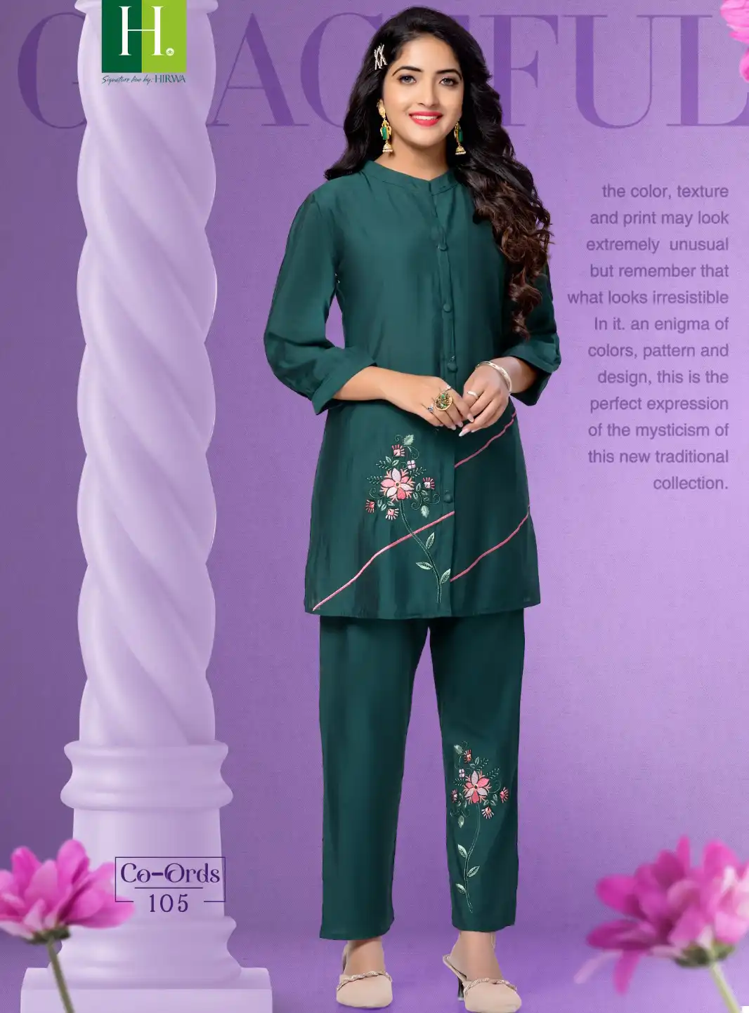 Hirwa Co-Ords Roman Silk Wholesale Fancy Embroidery Work Shirt With Pant Cord Sets Catalog - 6 Pcs Set — Wholesale Kurtis, MPA wholesale from Surat — view 1