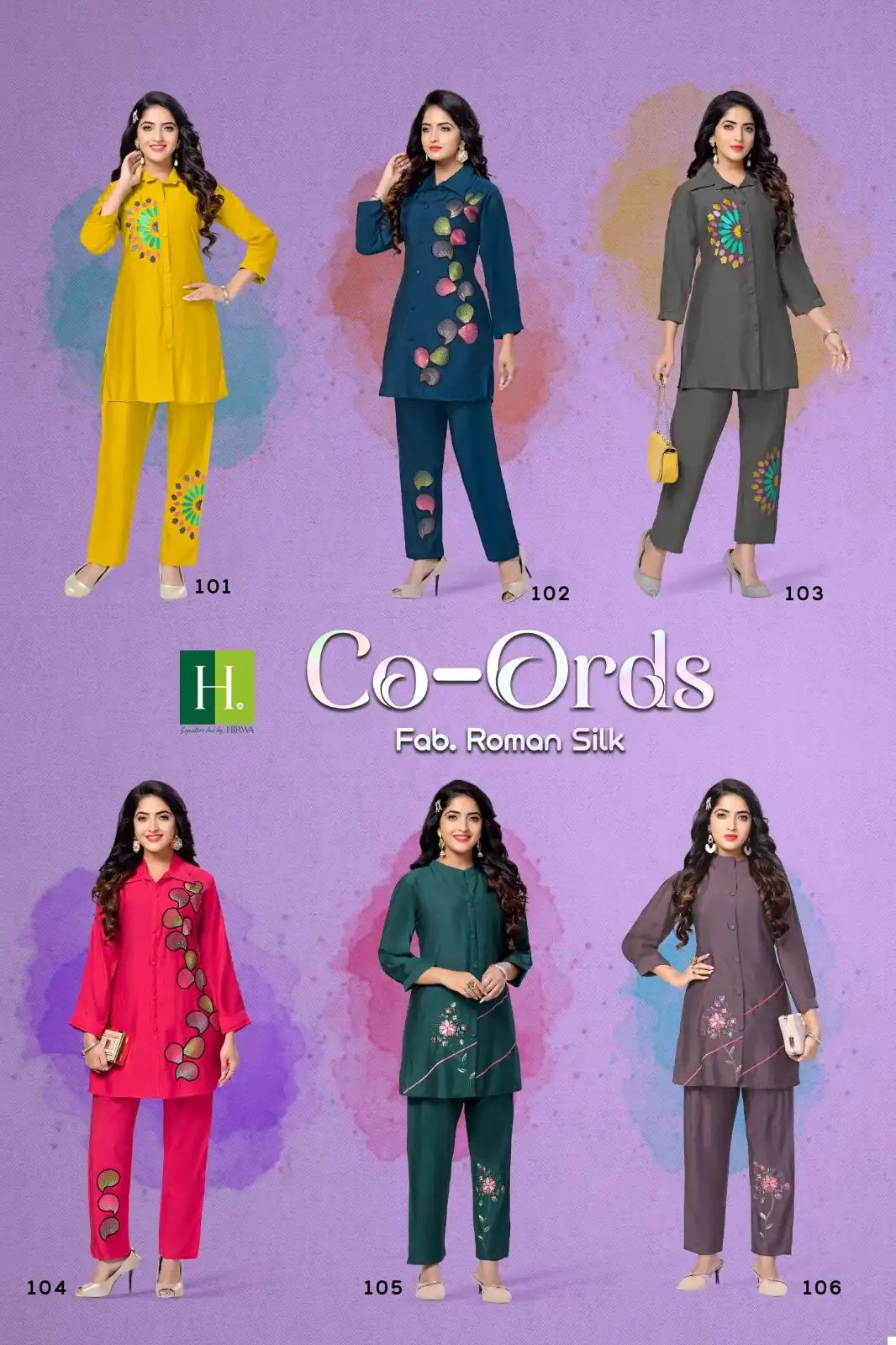 Hirwa Co-Ords Roman Silk Wholesale Fancy Embroidery Work Shirt With Pant Cord Sets Catalog - 6 Pcs Set — Wholesale Kurtis, MPA wholesale from Surat — view 6