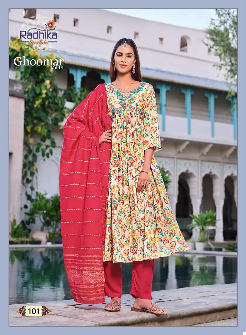 Radhika Ghoomar Vol 1 Rayon Wholesale Readymade Suit Catalog — Wholesale Salwar Suits, MPA wholesale from Surat - Gallery Image 2