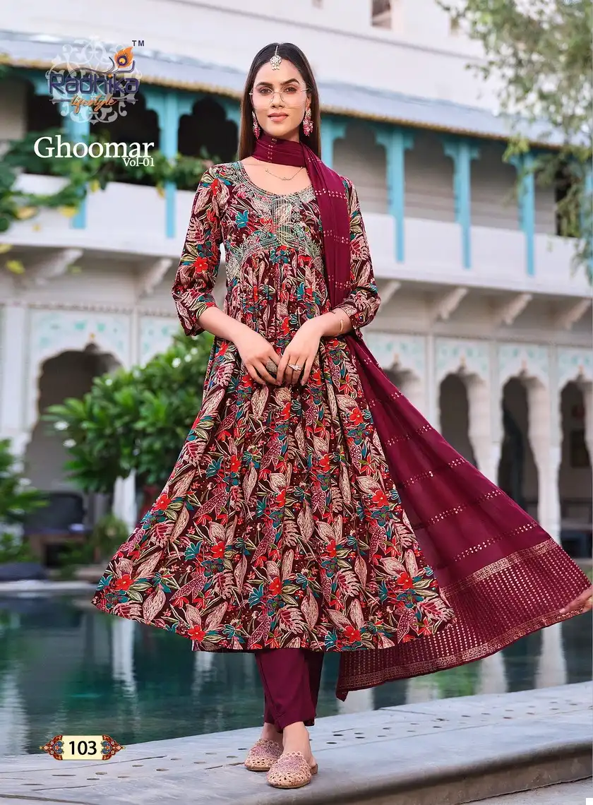Radhika Ghoomar Vol 1 Rayon Wholesale Readymade Suit Catalog — Wholesale Salwar Suits, MPA wholesale from Surat - Gallery Image 4
