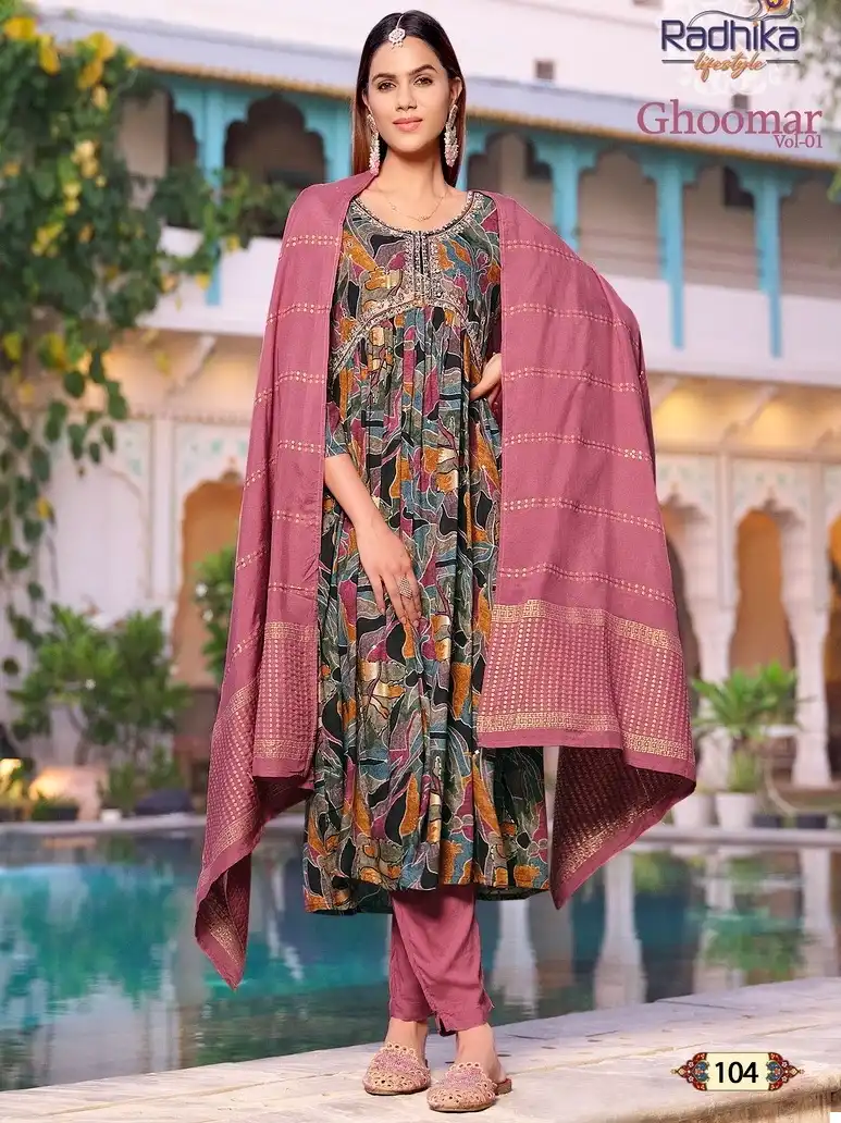 Radhika Ghoomar Vol 1 Rayon Wholesale Readymade Suit Catalog — Wholesale Salwar Suits, MPA wholesale from Surat — view 1