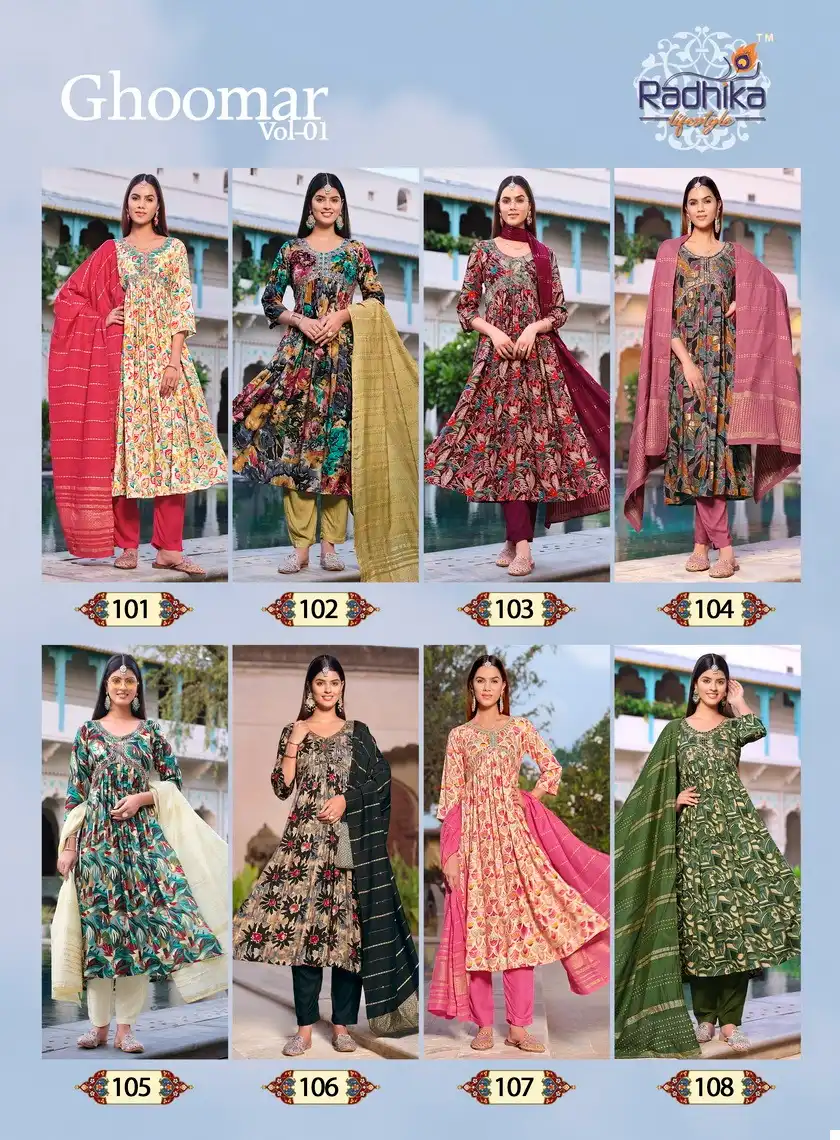 Radhika Ghoomar Vol 1 Rayon Wholesale Readymade Suit Catalog — Wholesale Salwar Suits, MPA wholesale from Surat — view 9