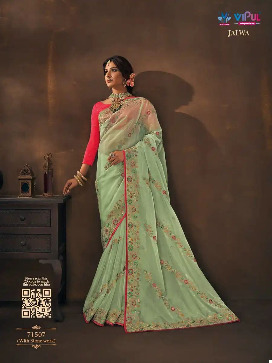 Vipul Jalwa Flowry Organza Wholesale Designer Saree Catalog — Wholesale Sarees, MPA wholesale from Surat - Gallery Image 7