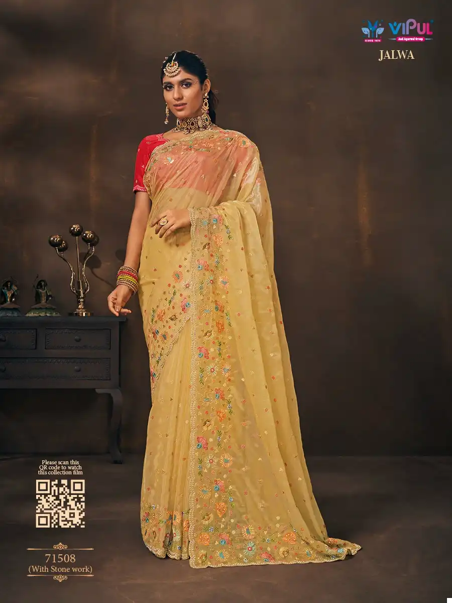 Vipul Jalwa Flowry Organza Wholesale Designer Saree Catalog — Wholesale Sarees, MPA wholesale from Surat - Gallery Image 2