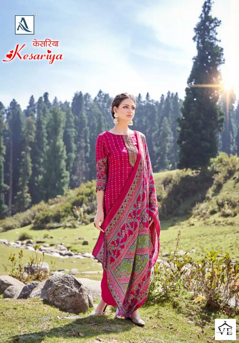Alok Suits Kesariya Pashmina Wholesale Fancy Embroidery Works Winter Wear Salwar Suit Catalog — Wholesale Salwar Suits, Alok Suit wholesale from Surat - Gallery Image 2