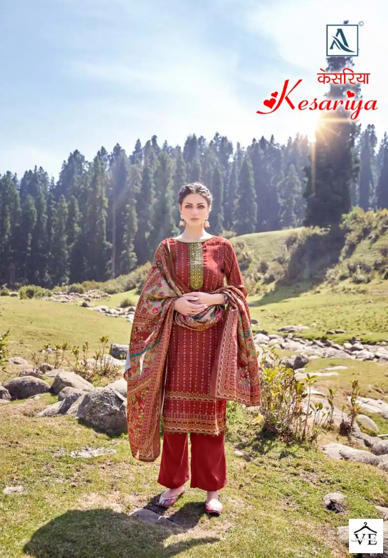 Alok Suits Kesariya Pashmina Wholesale Fancy Embroidery Works Winter Wear Salwar Suit Catalog — Wholesale Salwar Suits, Alok Suit wholesale from Surat - Gallery Image 3