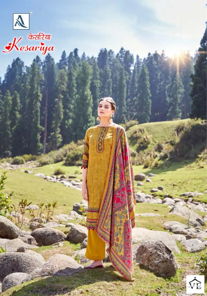 Alok Suits Kesariya Pashmina Wholesale Fancy Embroidery Works Winter Wear Salwar Suit Catalog — Wholesale Salwar Suits, Alok Suit wholesale from Surat - Gallery Image 4