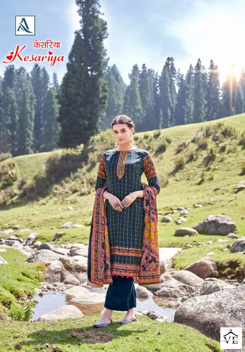 Alok Suits Kesariya Pashmina Wholesale Fancy Embroidery Works Winter Wear Salwar Suit Catalog — Wholesale Salwar Suits, Alok Suit wholesale from Surat - Gallery Image 5