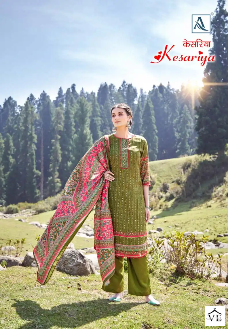 Alok Suits Kesariya Pashmina Wholesale Fancy Embroidery Works Winter Wear Salwar Suit Catalog — Wholesale Salwar Suits, Alok Suit wholesale from Surat - Gallery Image 6