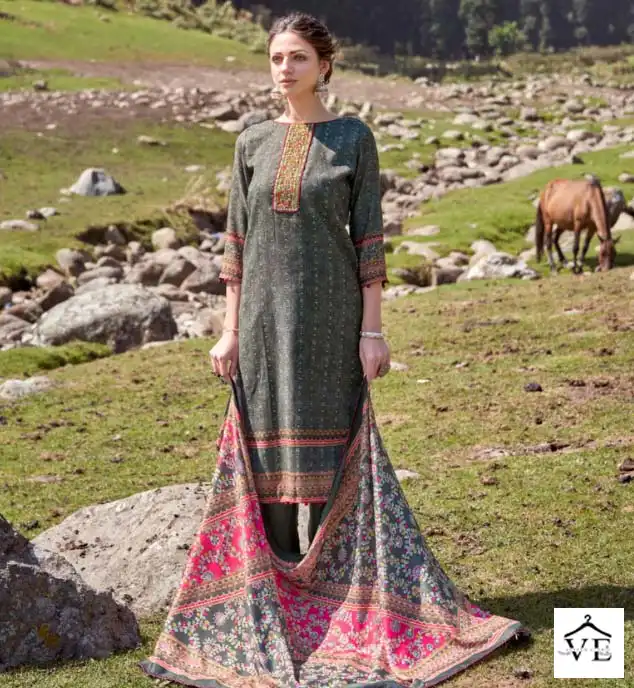 Alok Suits Kesariya Pashmina Wholesale Fancy Embroidery Works Winter Wear Salwar Suit Catalog — Wholesale Salwar Suits, Alok Suit wholesale from Surat — view 1