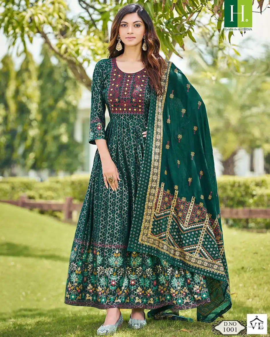 Hirwa Kumari Heavy Rayon Foil Prints Wholesale Designer Long Gown With Dupatta Catalog — Wholesale Kurtis, MPA wholesale from Surat — view 1