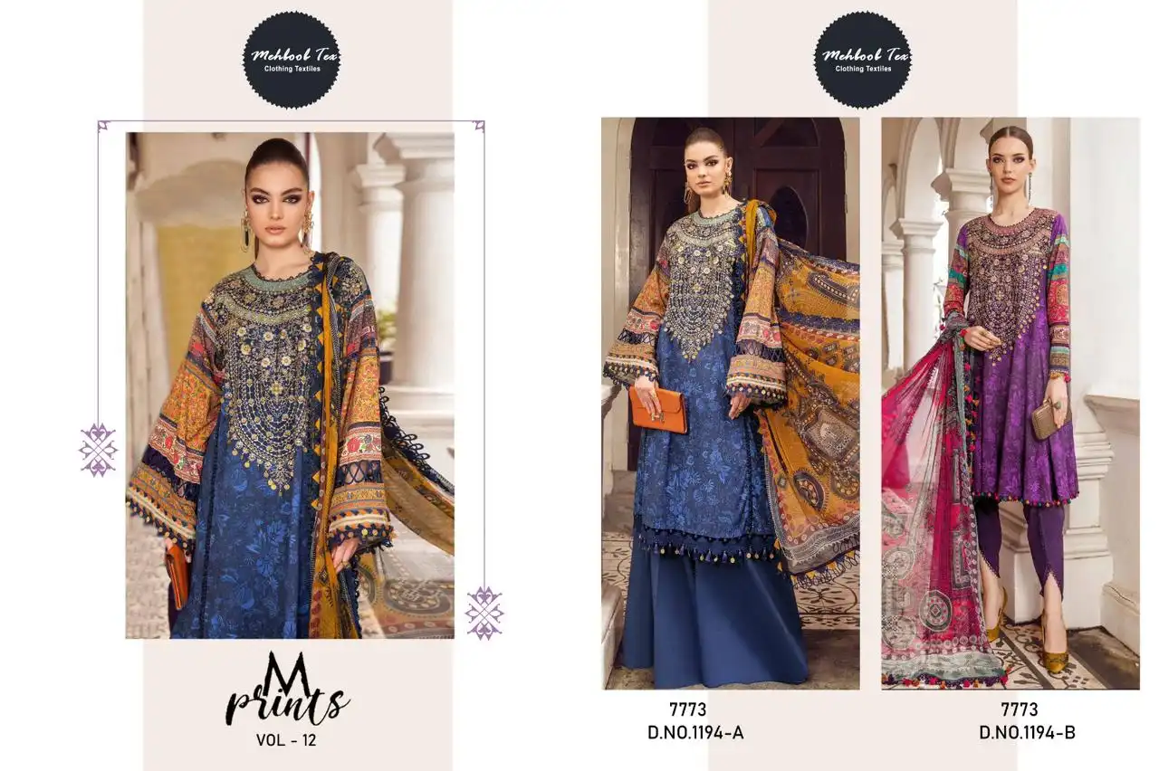 Mehboob Tex M Prints Vol 12 Lawn Cotton Wholesale Fancy Embroidery Work Pakistani Salwar Suit Catalog — Wholesale Salwar Suits, MPA wholesale from Surat — view 3