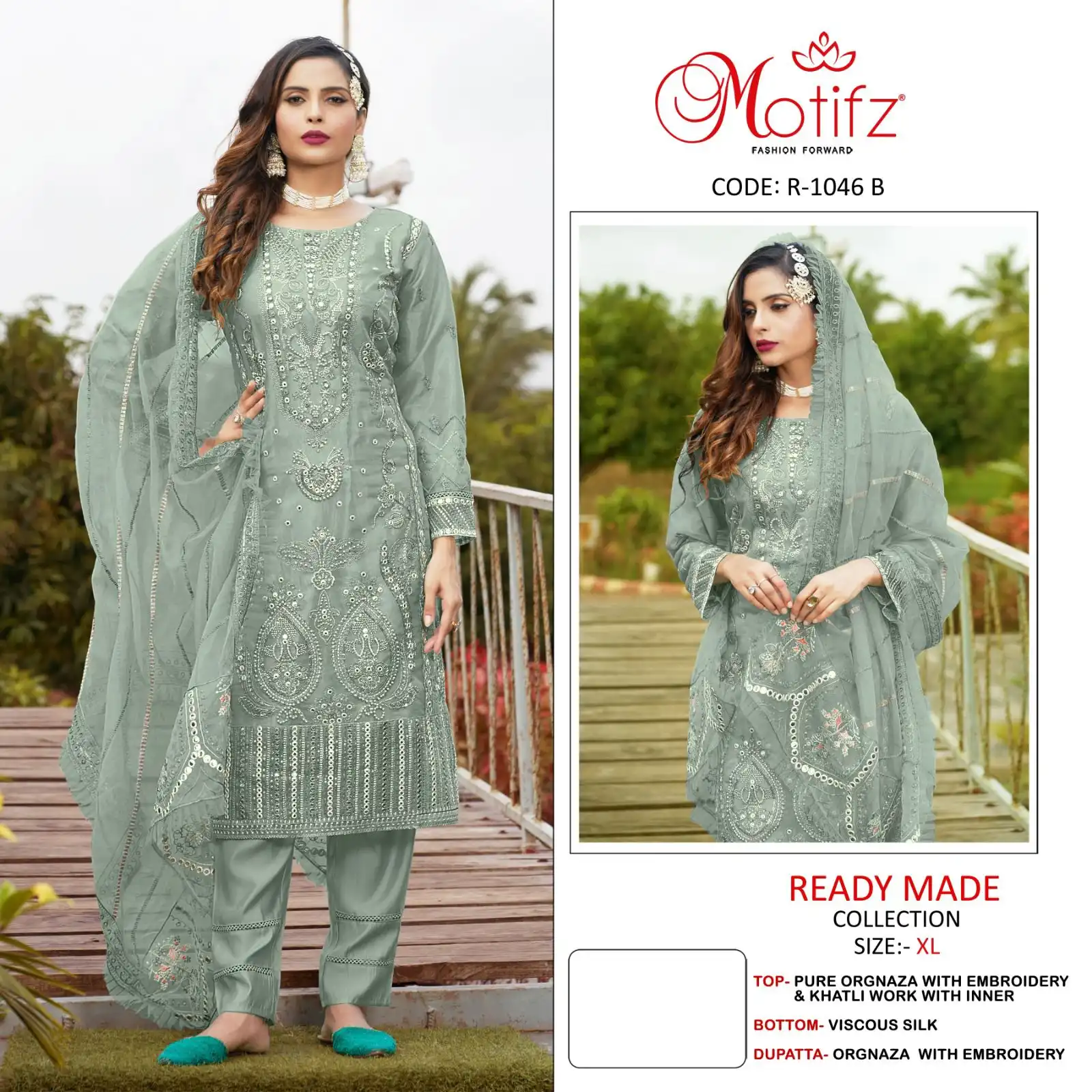 Motifz R 1046 Organza Wholesale Designer Readymade Pakistani Salwar Suit — Wholesale Salwar Suits, MPA wholesale from Surat - Gallery Image 2
