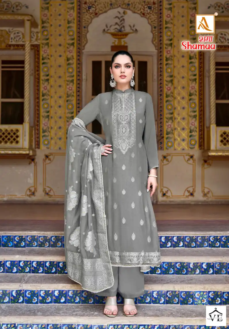 Alok Suits Shamaa Jacquard Wholesale Fancy Hand Work Designer Salwar Suit Catalog — Wholesale Salwar Suits, Alok Suit wholesale from Surat - Gallery Image 3