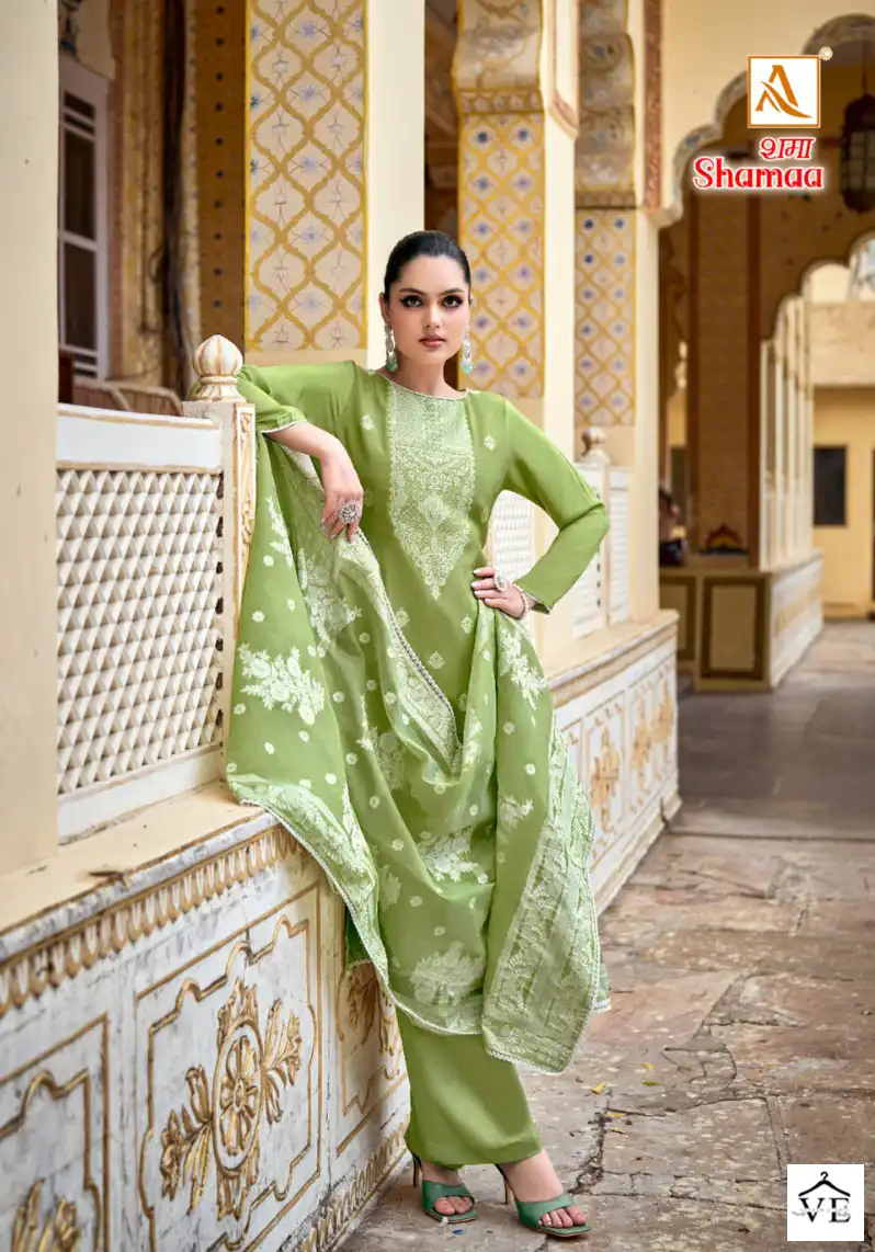 Alok Suits Shamaa Jacquard Wholesale Fancy Hand Work Designer Salwar Suit Catalog — Wholesale Salwar Suits, Alok Suit wholesale from Surat - Gallery Image 4
