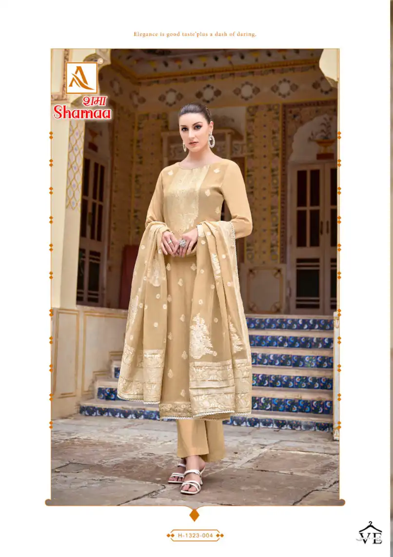 Alok Suits Shamaa Jacquard Wholesale Fancy Hand Work Designer Salwar Suit Catalog — Wholesale Salwar Suits, Alok Suit wholesale from Surat - Gallery Image 5