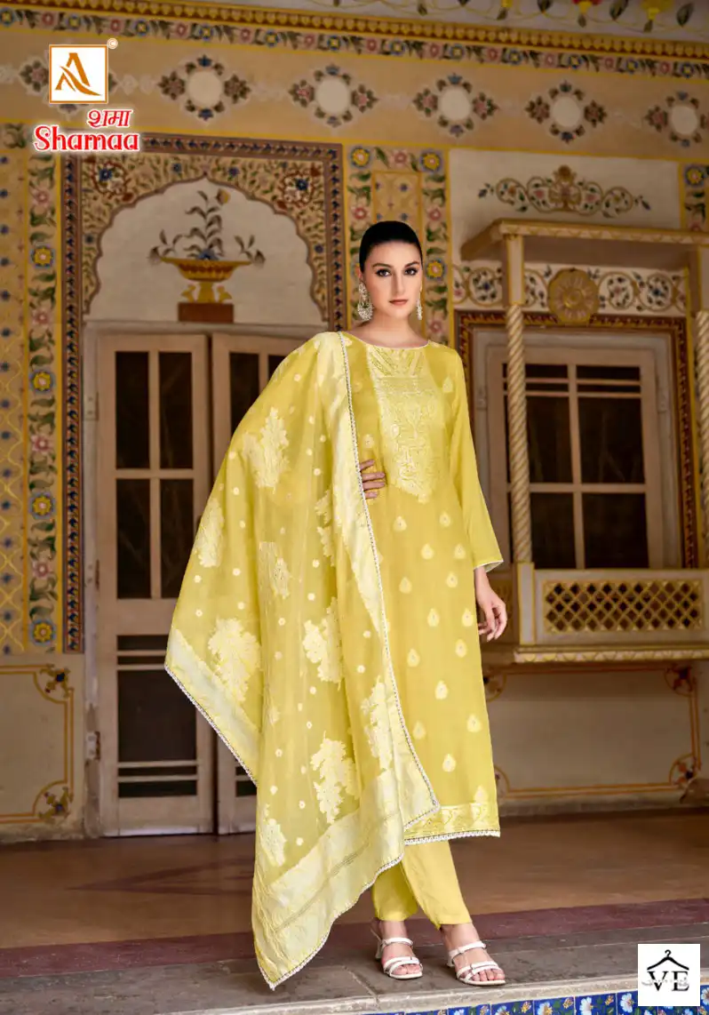 Alok Suits Shamaa Jacquard Wholesale Fancy Hand Work Designer Salwar Suit Catalog — Wholesale Salwar Suits, Alok Suit wholesale from Surat - Gallery Image 6