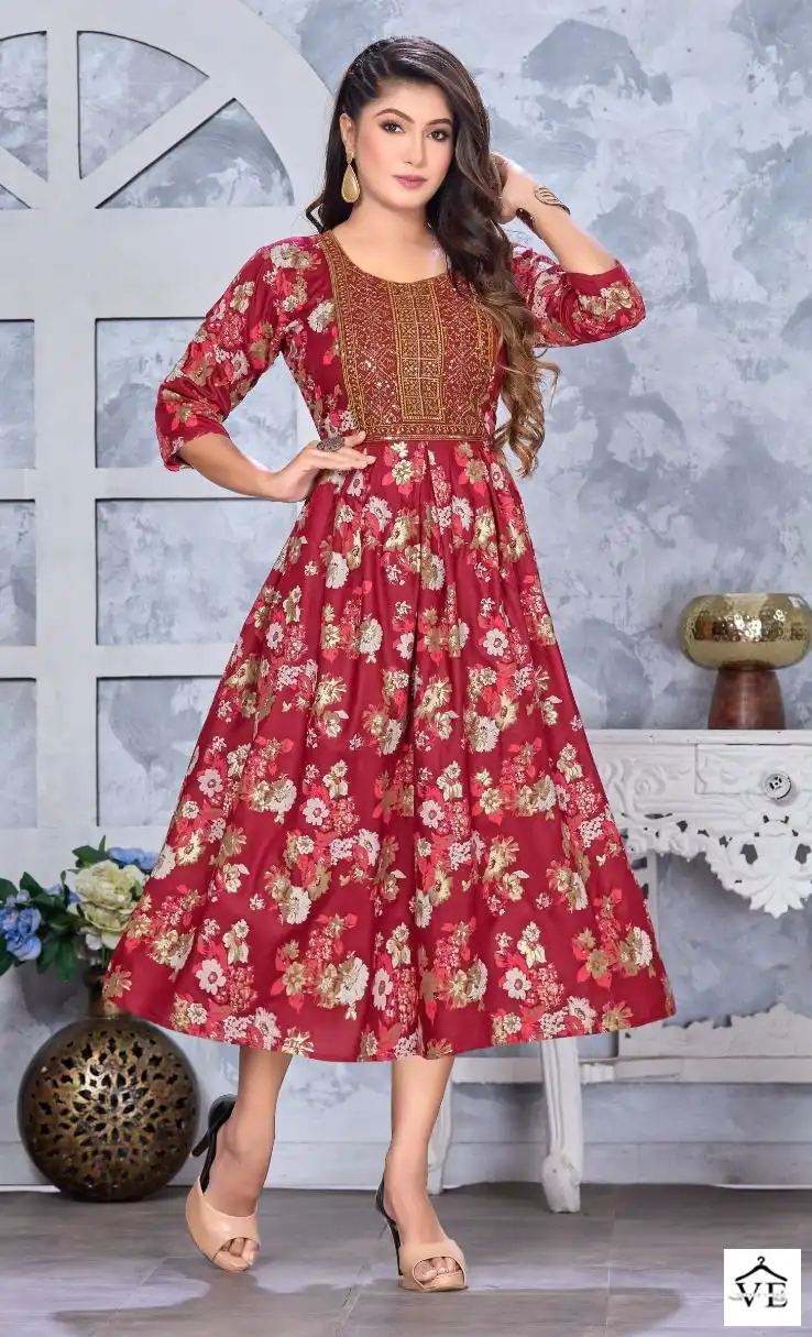 Golden Shining Star Vol 1 Heavy Rayon 14 Kg Wholesale Long Kurtis Catalog — Wholesale Kurtis, MPA wholesale from Surat - Gallery Image 3