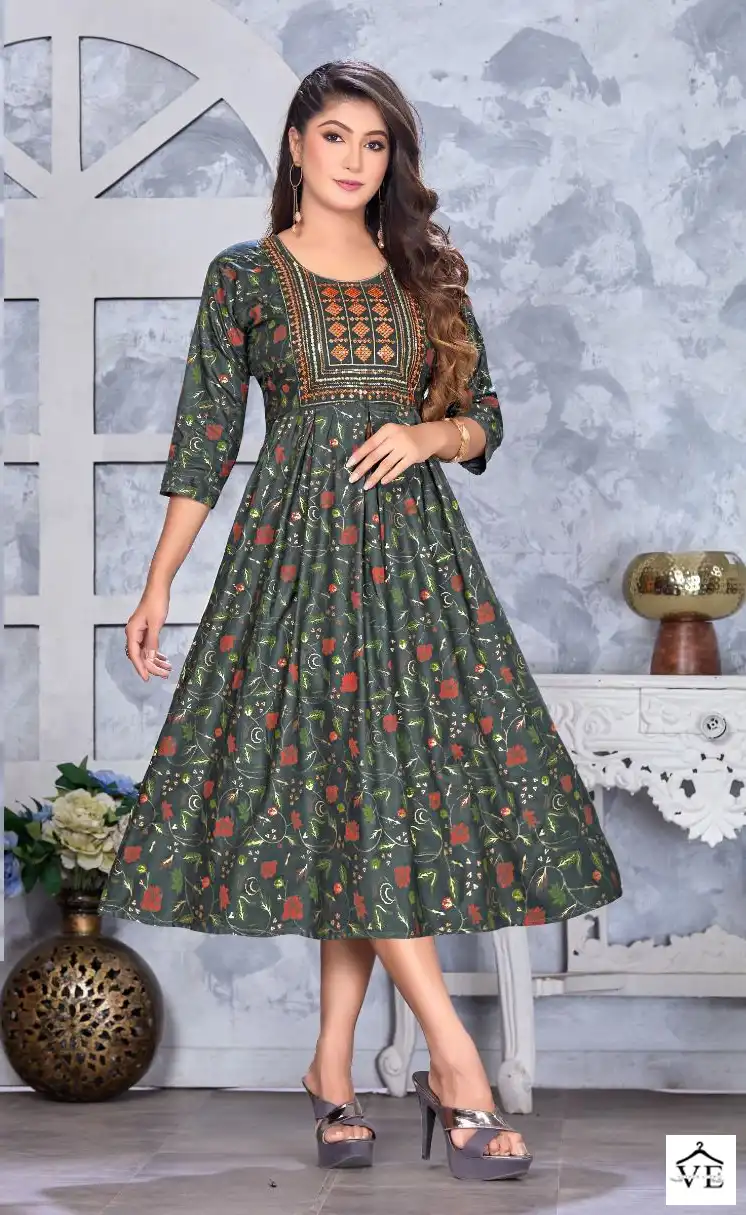 Golden Shining Star Vol 1 Heavy Rayon 14 Kg Wholesale Long Kurtis Catalog — Wholesale Kurtis, MPA wholesale from Surat - Gallery Image 4