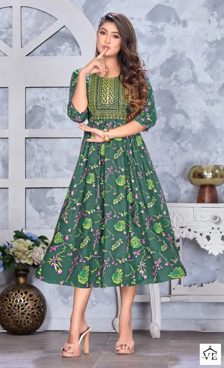 Golden Shining Star Vol 1 Heavy Rayon 14 Kg Wholesale Long Kurtis Catalog — Wholesale Kurtis, MPA wholesale from Surat - Gallery Image 5