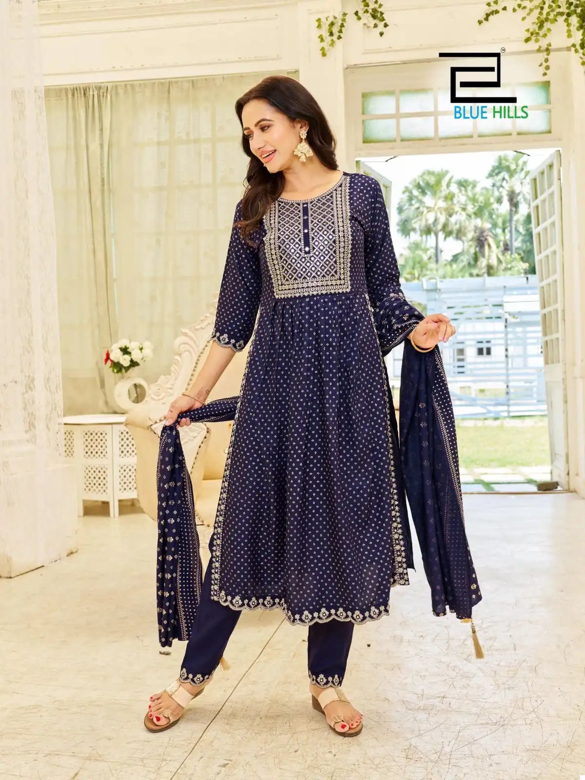 Blue Hills Trend Capture Rayon 14Kg Wholesale Nayra Cut Kurti With Dupatta Catalog — Wholesale Salwar Suits, Blue Hills wholesale from Surat — view 4