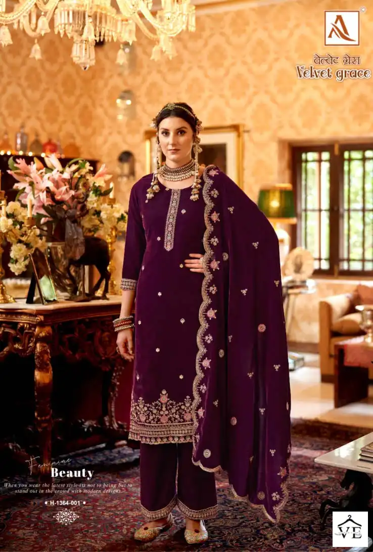 Alok Suits Velvet Grace Velvet Wholesale Heavy Embroidery Designer Winter Wear Salwar Suit Catalog — Wholesale Salwar Suits, Alok Suit wholesale from Surat - Gallery Image 2