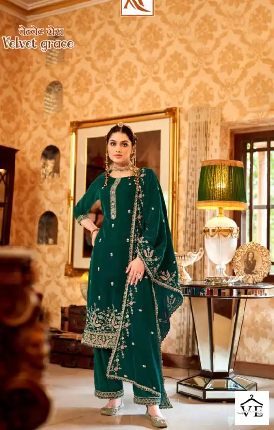 Alok Suits Velvet Grace Velvet Wholesale Heavy Embroidery Designer Winter Wear Salwar Suit Catalog — Wholesale Salwar Suits, Alok Suit wholesale from Surat - Gallery Image 3