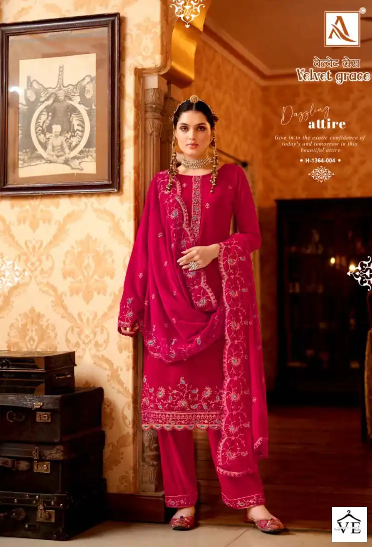 Alok Suits Velvet Grace Velvet Wholesale Heavy Embroidery Designer Winter Wear Salwar Suit Catalog — Wholesale Salwar Suits, Alok Suit wholesale from Surat - Gallery Image 4