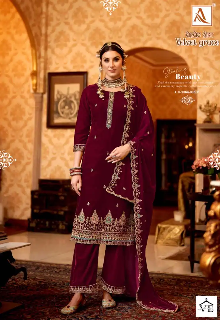 Alok Suits Velvet Grace Velvet Wholesale Heavy Embroidery Designer Winter Wear Salwar Suit Catalog — Wholesale Salwar Suits, Alok Suit wholesale from Surat - Gallery Image 5