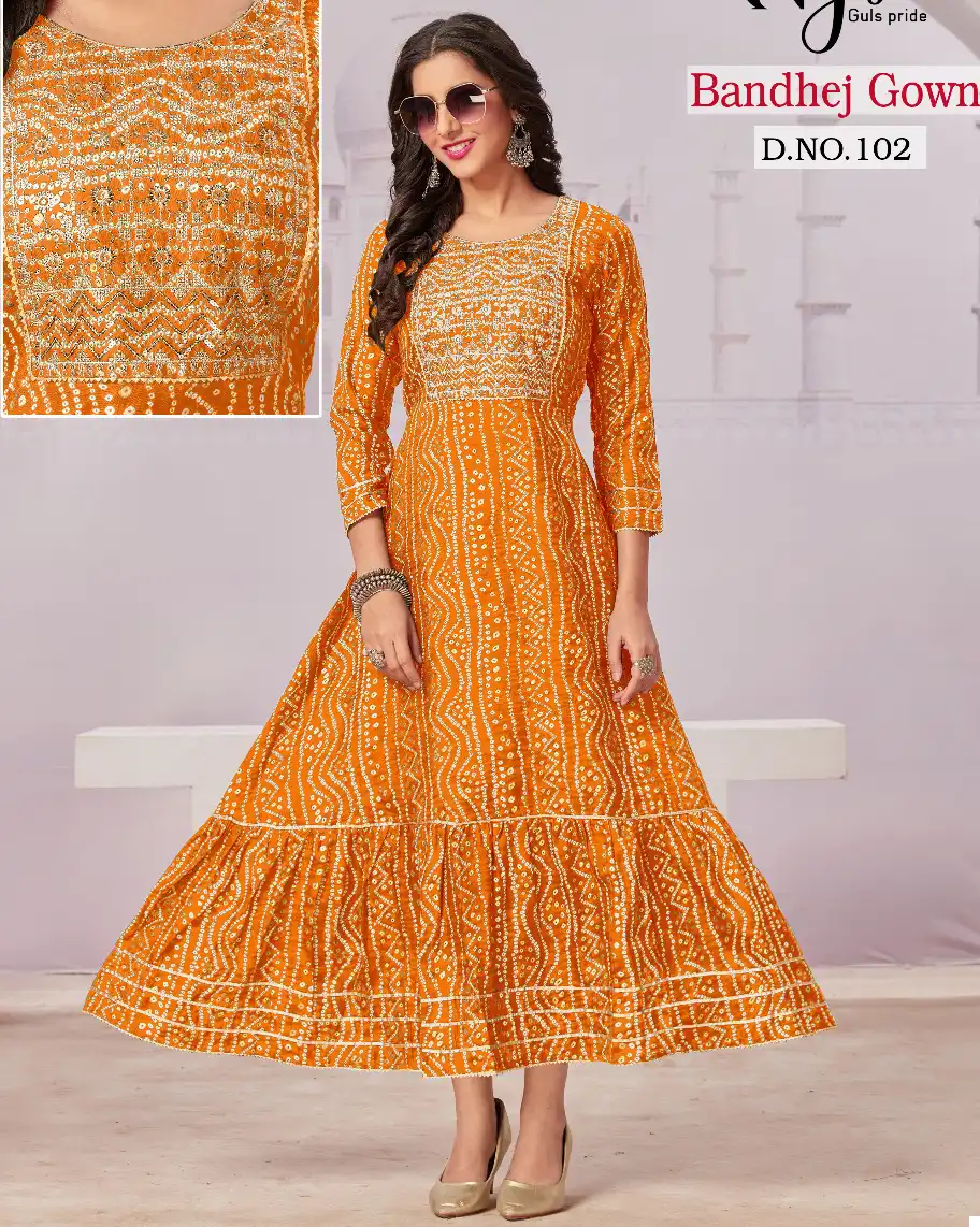 Vardan Ethnic Bandhej Gown Capsule Wholesale Long Kurtis Catalog — Wholesale Kurtis, MPA wholesale from Surat — view 1